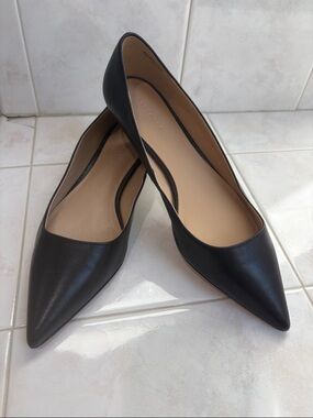 Ann Taylor Black Leather Pointed-Toe Low Kitten Heel Shoe